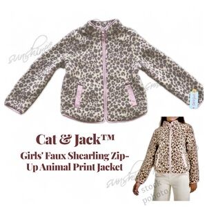 CAT & JACK Faux Shearling Zip-Up Beige/Brown/Pink Animal Print Jacket (10-12) L